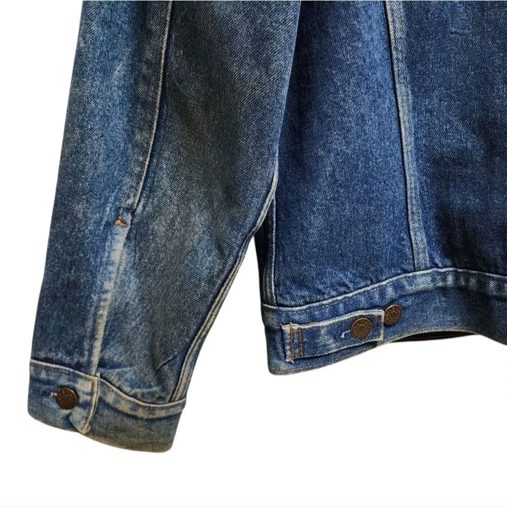 Plain Pocket Blue Denim Jean Jacket Men 40 Buffalo Plaid Lining Trucker Western